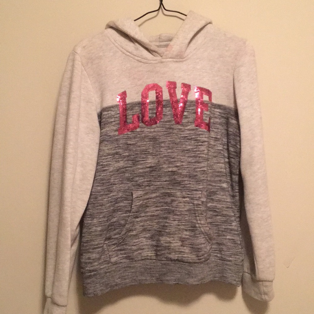 Dark and light grey hoodie.